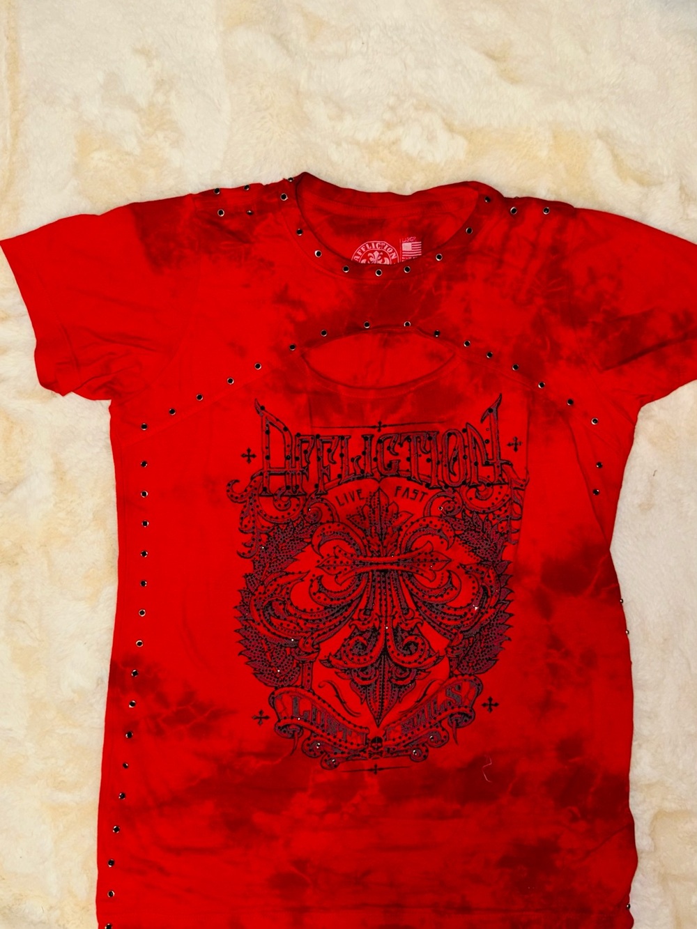 Womens Affliction Red Graphic Studded Short Sleeve Tee